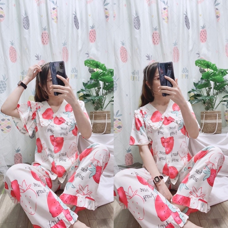 đồ bộ tiểu thư tay ngắn quần dài - bộ mặc nhà pijama siêu xinh chất lụa latin cao cấp