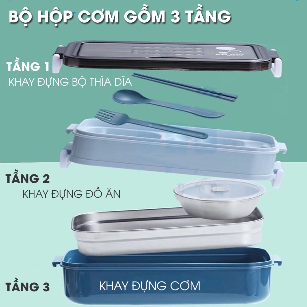 Hộp đựng cơm giữ nhiệt nhiệt hai lớp bằng thép không gỉ 304 dung tích lớn với bộ đồ ăn hộp cơm văn phòng