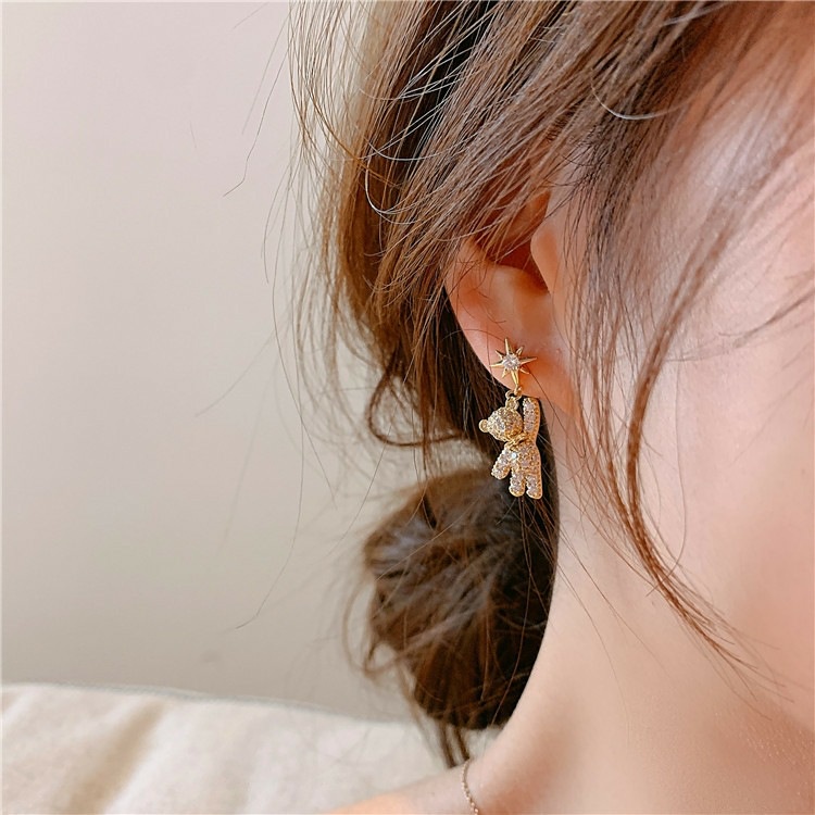 Bông Tai Mạ Bạc 925 Hình Gấu Đính Đá Dễ Thương