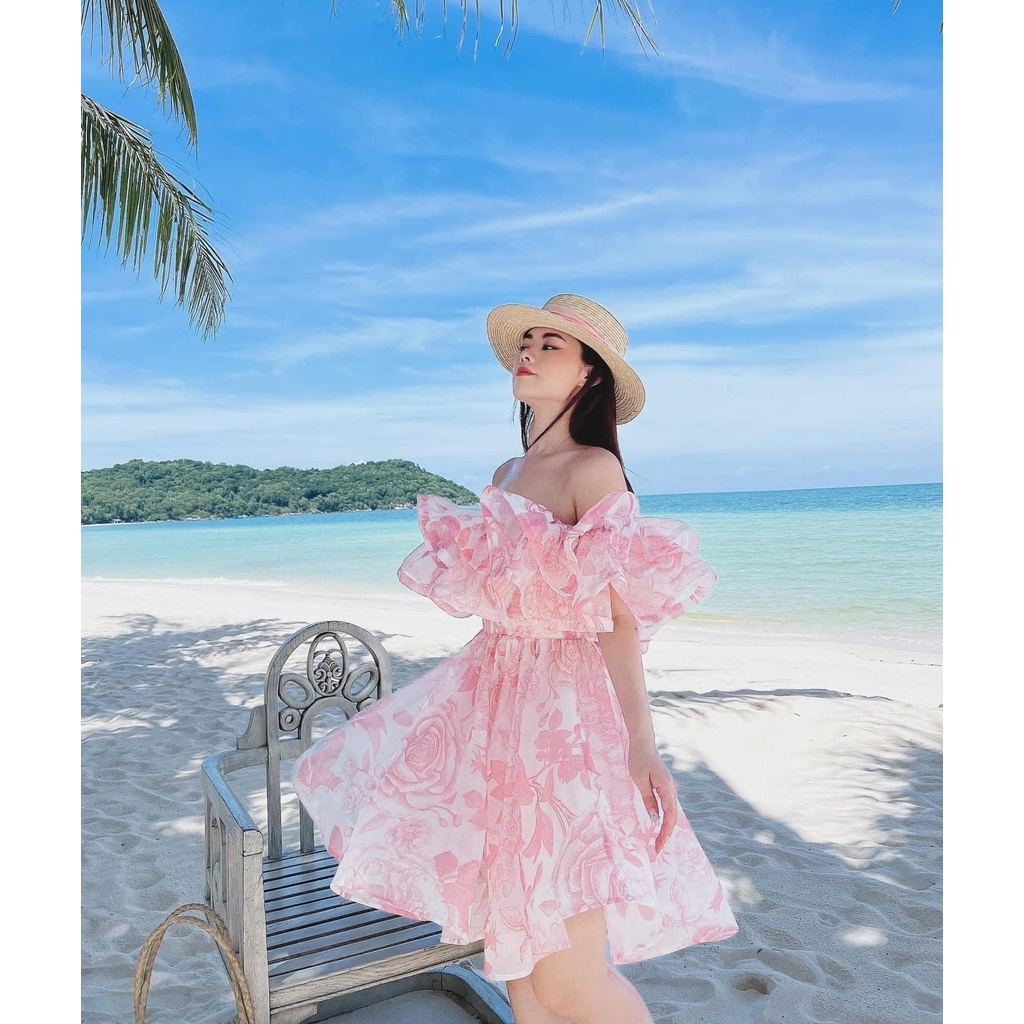 Đầm nữ đầm dự tiệc trễ vai bèo có Cúp ngực Pink Star Diamond