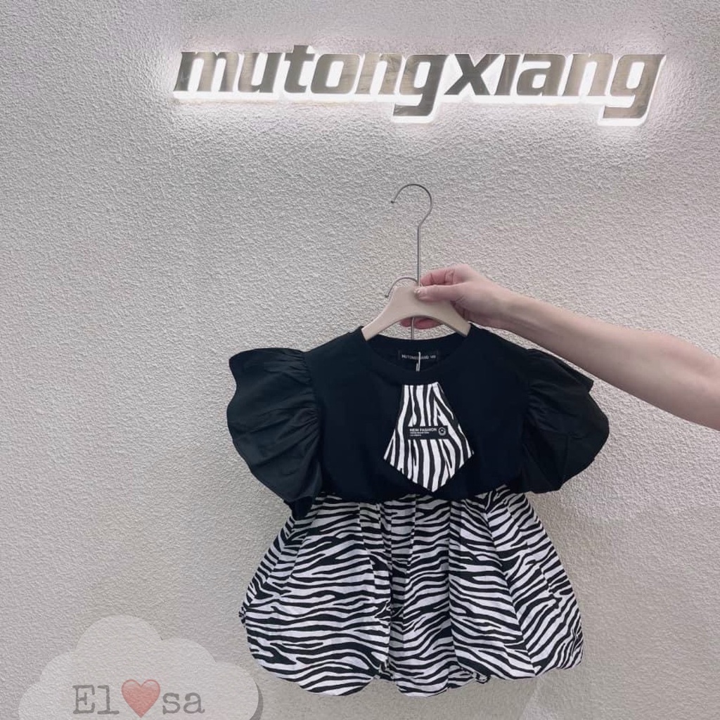 Váy bé gái - Set áo cotton họa tiết cà vạt kèm quần báo vằn siêu xinh