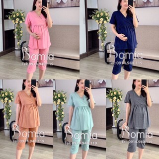 Bộ Đồ Bầu Sau Sinh Lửng Cổ Vạt Chéo, Tiện Cho Bé Ti