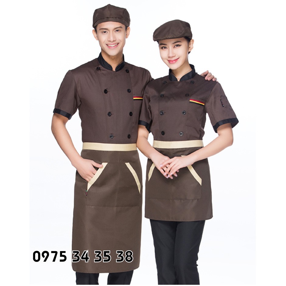 Áo đồng phục bếp màu nâu ngắn tay cho nhà hàng khách sạn