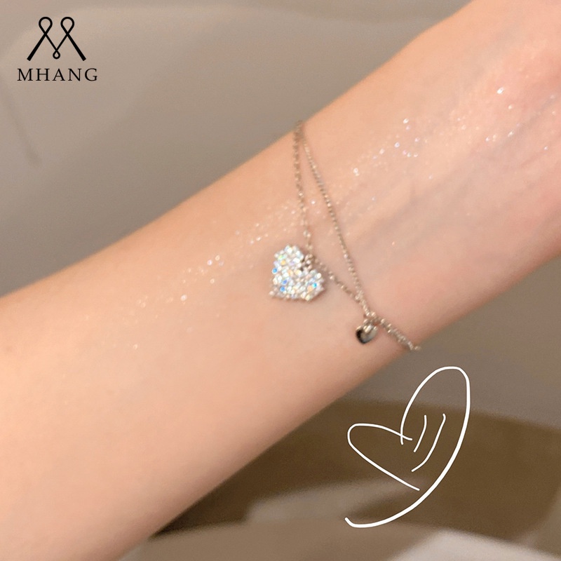 Vòng Đeo Tay Hai Lớp Họa Tiết Trái Tim Đôi Đính Kim Cương Kiểu Vintage Hàn Quốc Thích Hợp Làm Quà Tặng Cho Bạn Thân