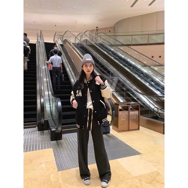 Áo Khoác bomber phối tay chữ AC .ÁO  nỉ nữ  form rộng chữ AC unisex bóng chày