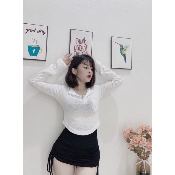 Set áo thun cổ tròn cài khuy mix quần váy rút dây