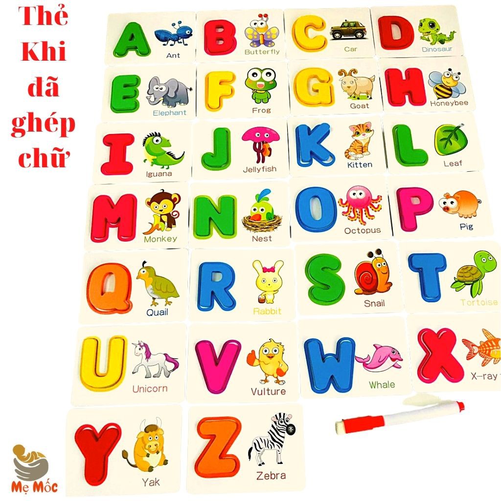 Thẻ Gỗ Ghép Chữ Cái Tiếng Anh-Đồ Chơi gỗ Xếp Hình Thông Minh-Flashcard Khắc Chữ Chìm Tặng 26 Chữ Cái Gỗ+Bút Thần Kỳ