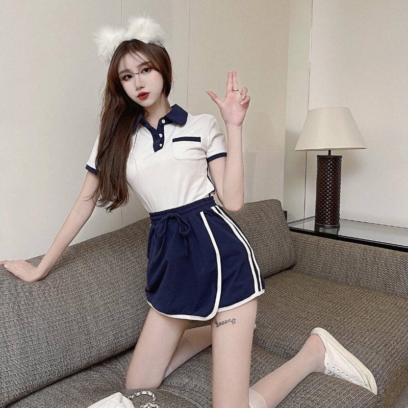 COZOK Set Áo Thun Ngắn Tay Màu Sắc Tương Phản + Quần short Lưng Cao Thời Trang Cho Nữ