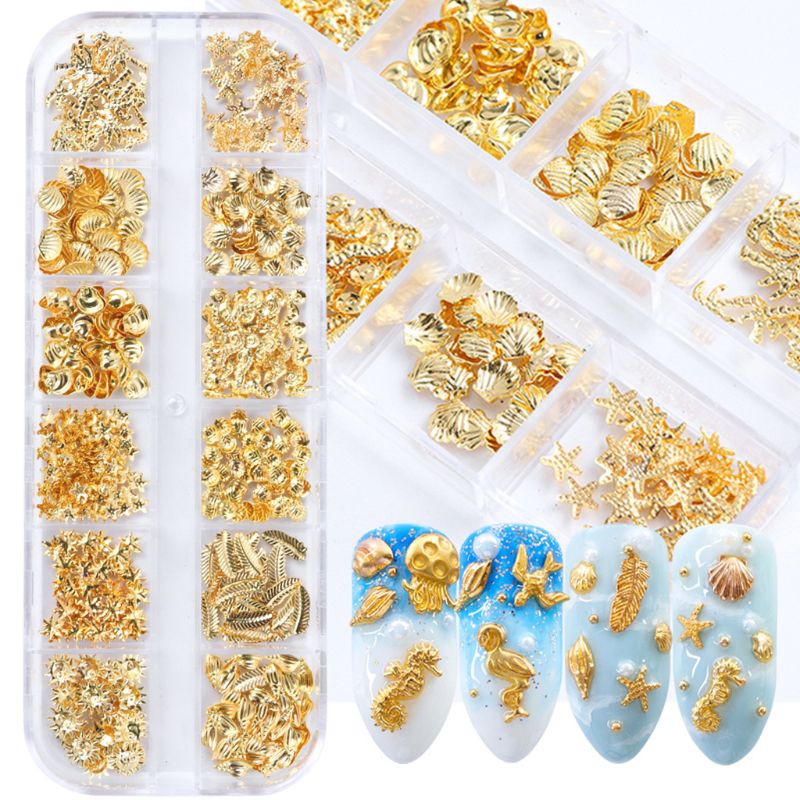 Hộp phụ kiện trang trí móng tay nghệ thuật kim loại kiểu vỏ sò sao biển mặt trời lấp lánh hỗn hợp 12 ngăn