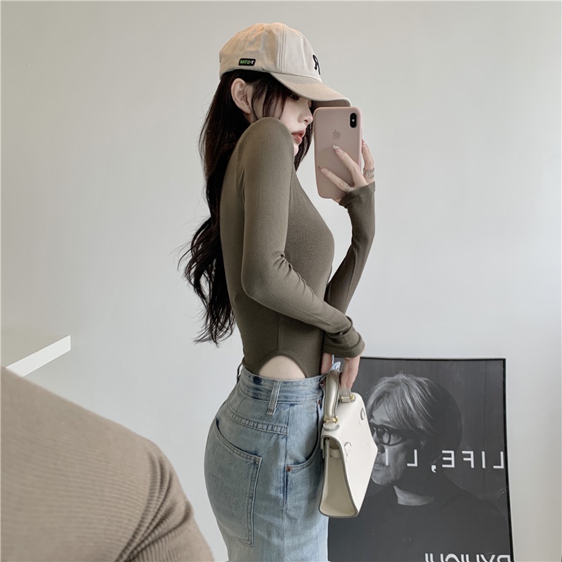 Glorki one-piece top women's crotch European and American style sexy hot girl tight long-sleeved one-shoulder knitted shirt inner base shirt autumn | BigBuy360 - bigbuy360.vn
