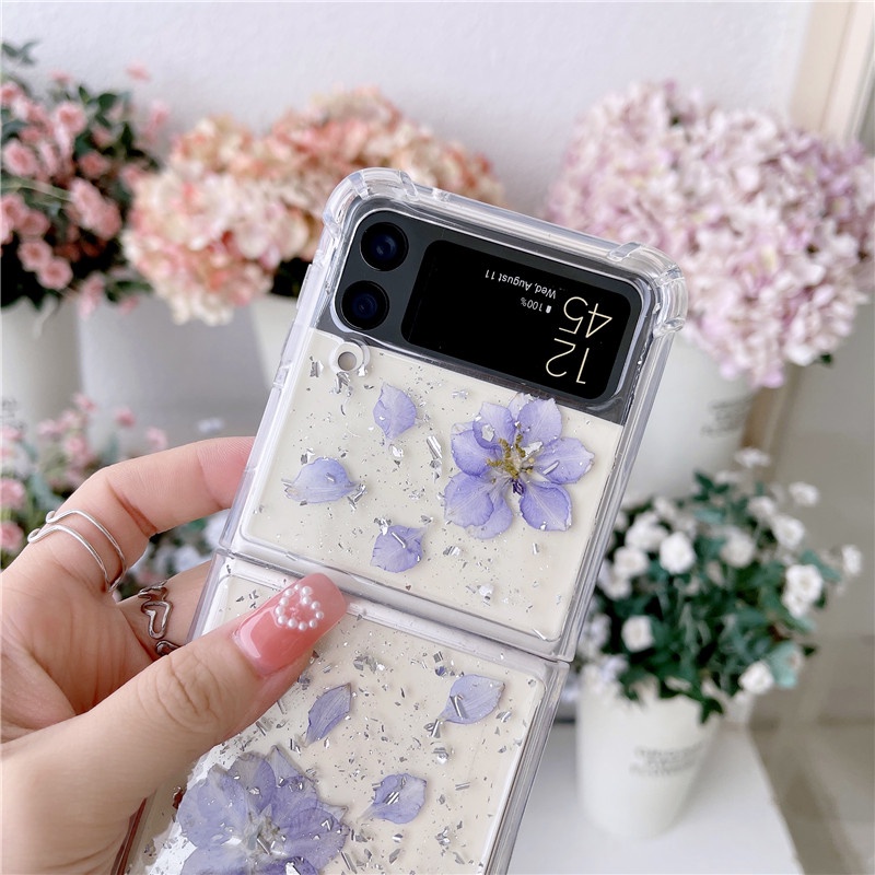 Bao Da Điện Thoại Nắp Gập Chống Sốc Phối Hoa Khô Lấp Lánh Dành Cho samsung galaxy z flip 5 z flip 4 z flip 3 5g z flip3 Ốp