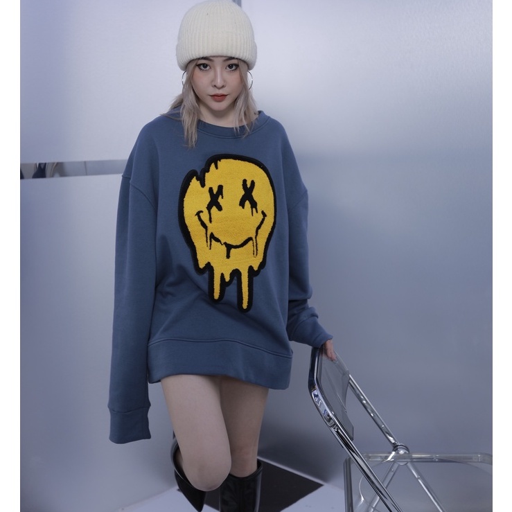 Áo Sweater Mùa Đông Nỉ Form Rộng Yellow Face Gonz - Màu Xanh | BigBuy360 - bigbuy360.vn