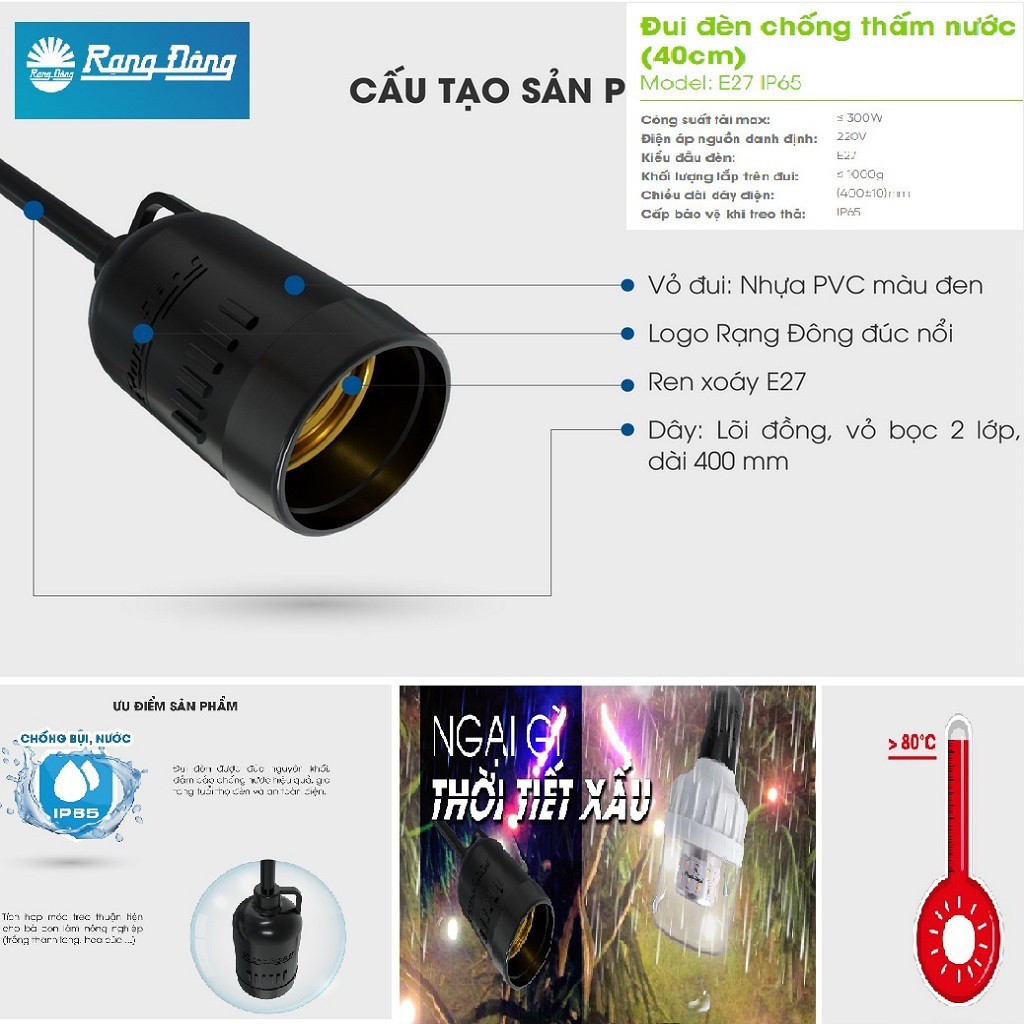 Đui đèn treo chống nước chính hãng rạng đông E27