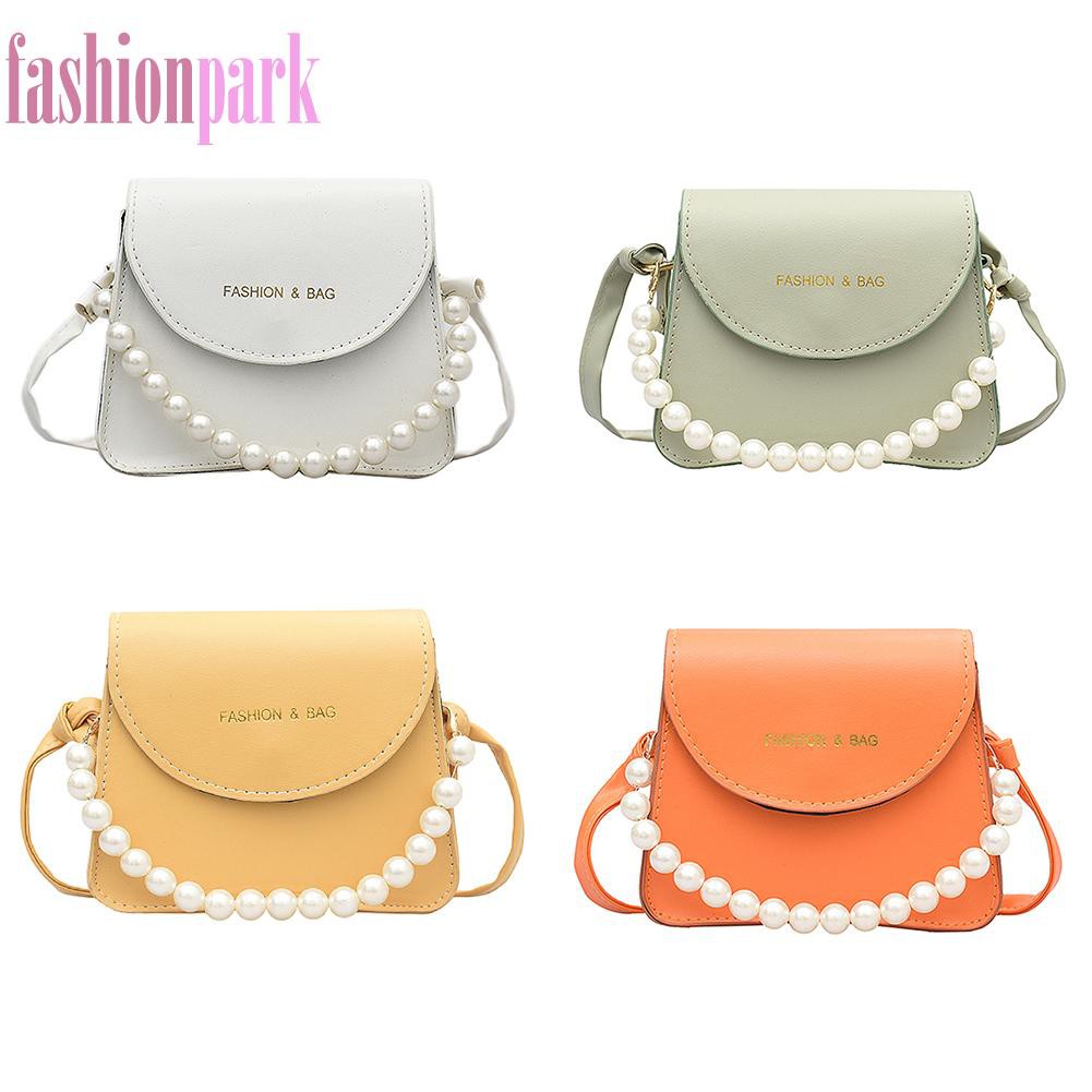 (FAS) Fashion Women PU Crossbody Bag Casual Ladies Pearl Chain Pure Color Handbag