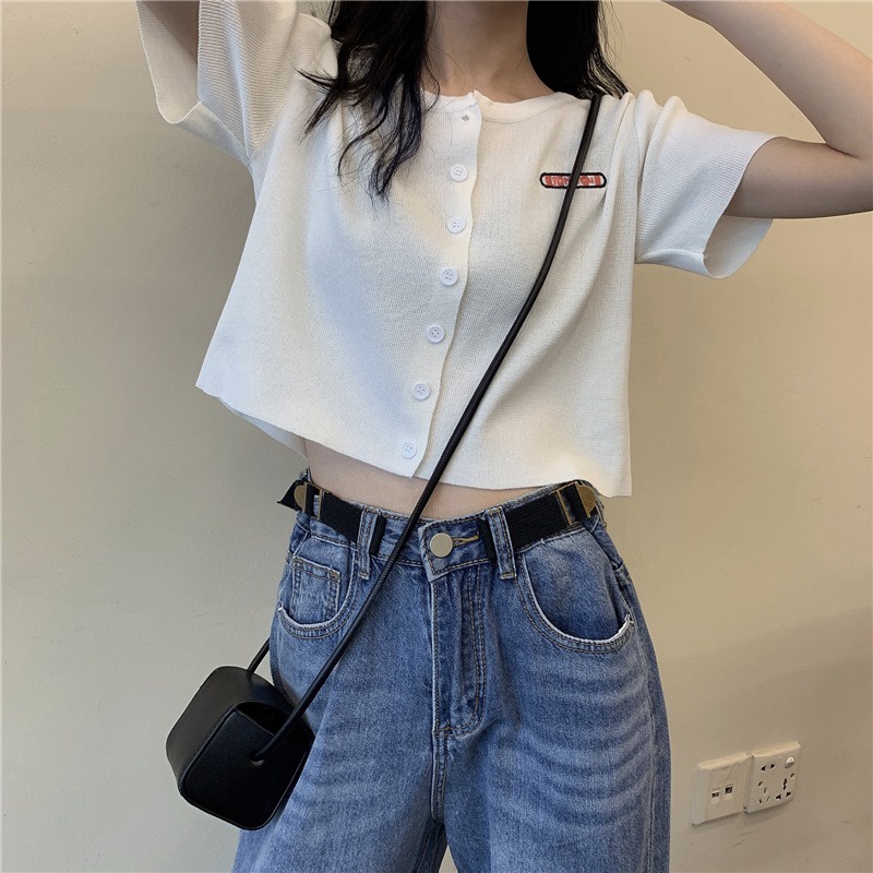 Áo cardigan ZHELIHANGFEI dệt kim ôm dáng tay ngắn phối một hàng nút thời trang