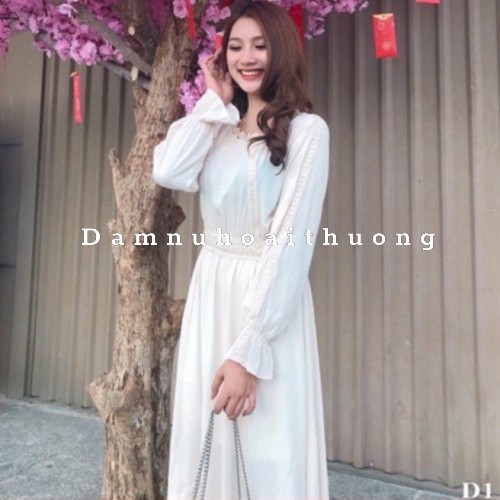 đầm nữ dáng midi  màu kem tôn dáng che khuyết điểm Đầm Nữ Hoài Thương