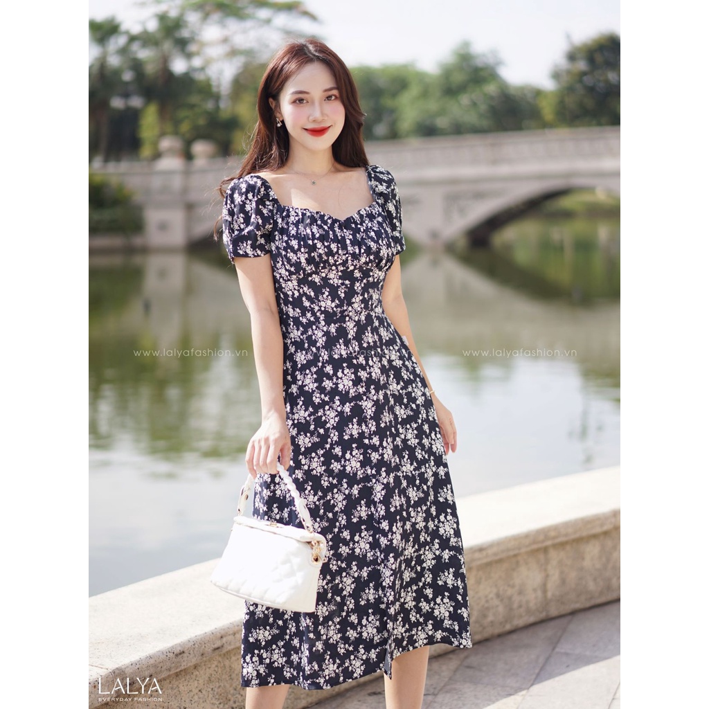 LALYA_D401_Váy hoa HQ nhún ngực khuy bọc-Xanh