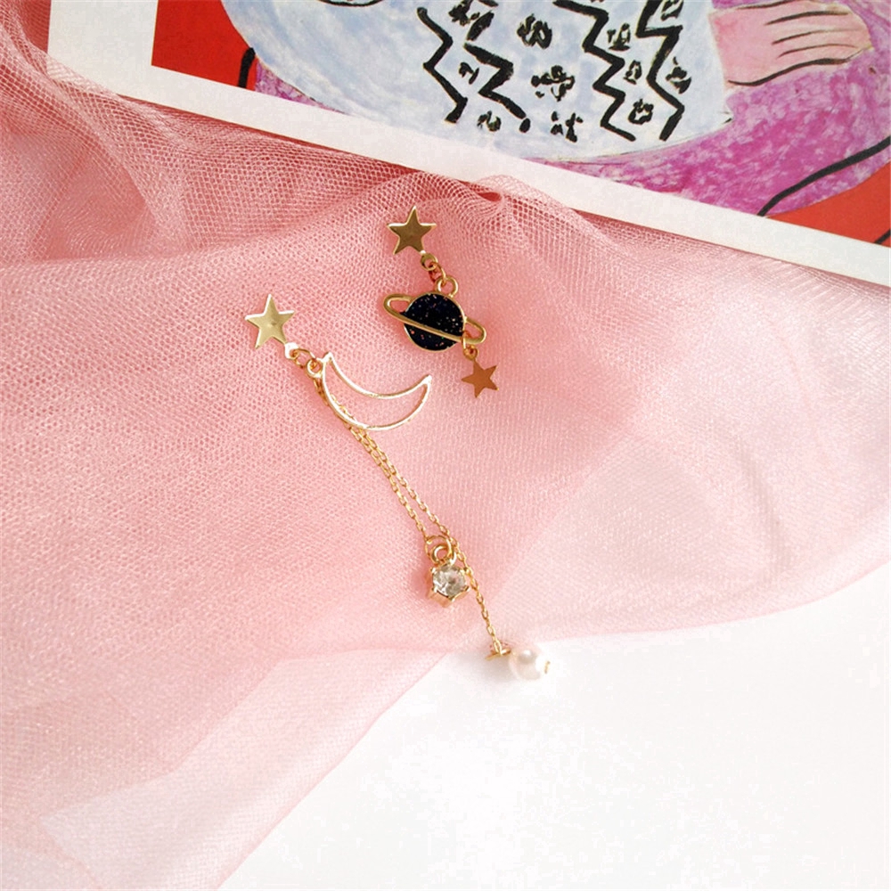 Cặp khuyên tai dáng dài dự tiệc phối tua rua bất đối xứng mặt hình sao trời phong cách Hàn Quốc