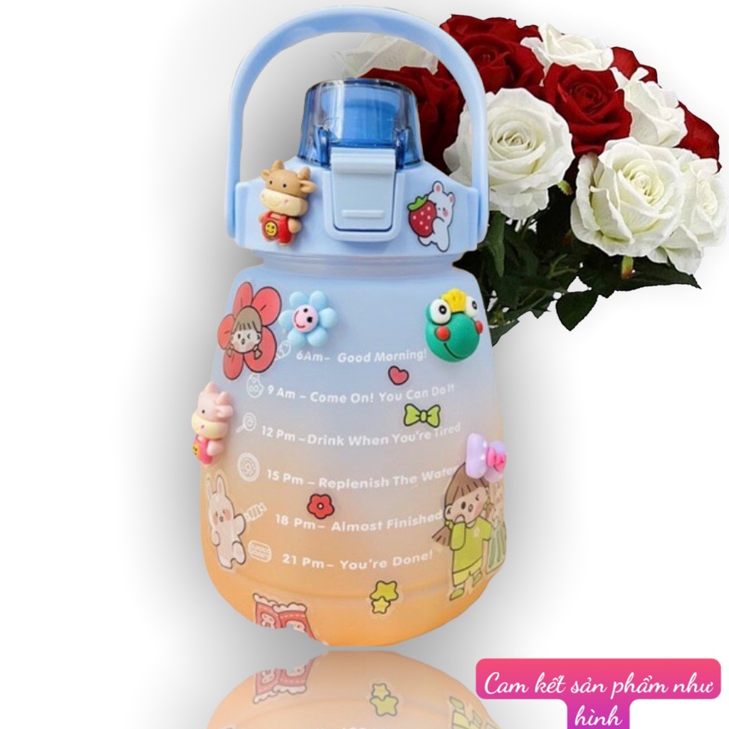 Bình đựng nước dễ thương 1.3 Lít học sinh có ống hút khi bật nắp tặng kèm sticker 3d