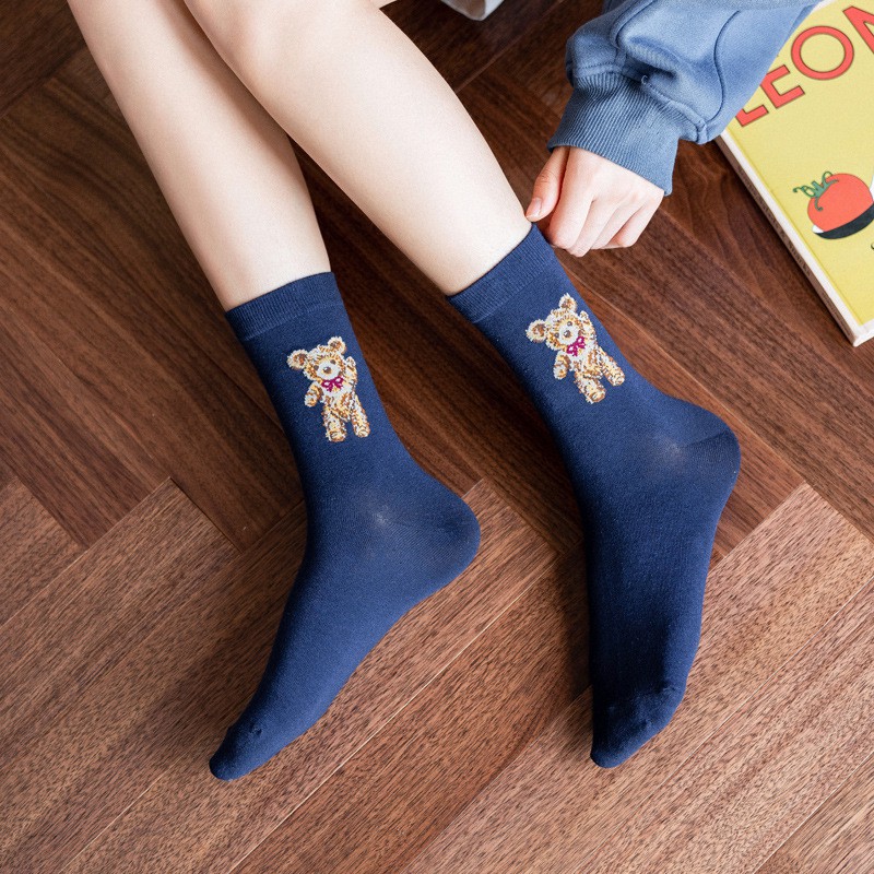 Bộ 5 Đôi Tất Vớ Cao Cổ MEOMEO Họa Tiết Chú Gấu Teddy - Hàng Cao Cấp