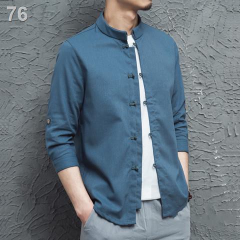 Áo sơ mi nam vải lanh và bông Hanfu nguyên bản của Trung Quốc phong cách Trung Quốc cổ áo đứng nút cổ áo ba phần tư tay