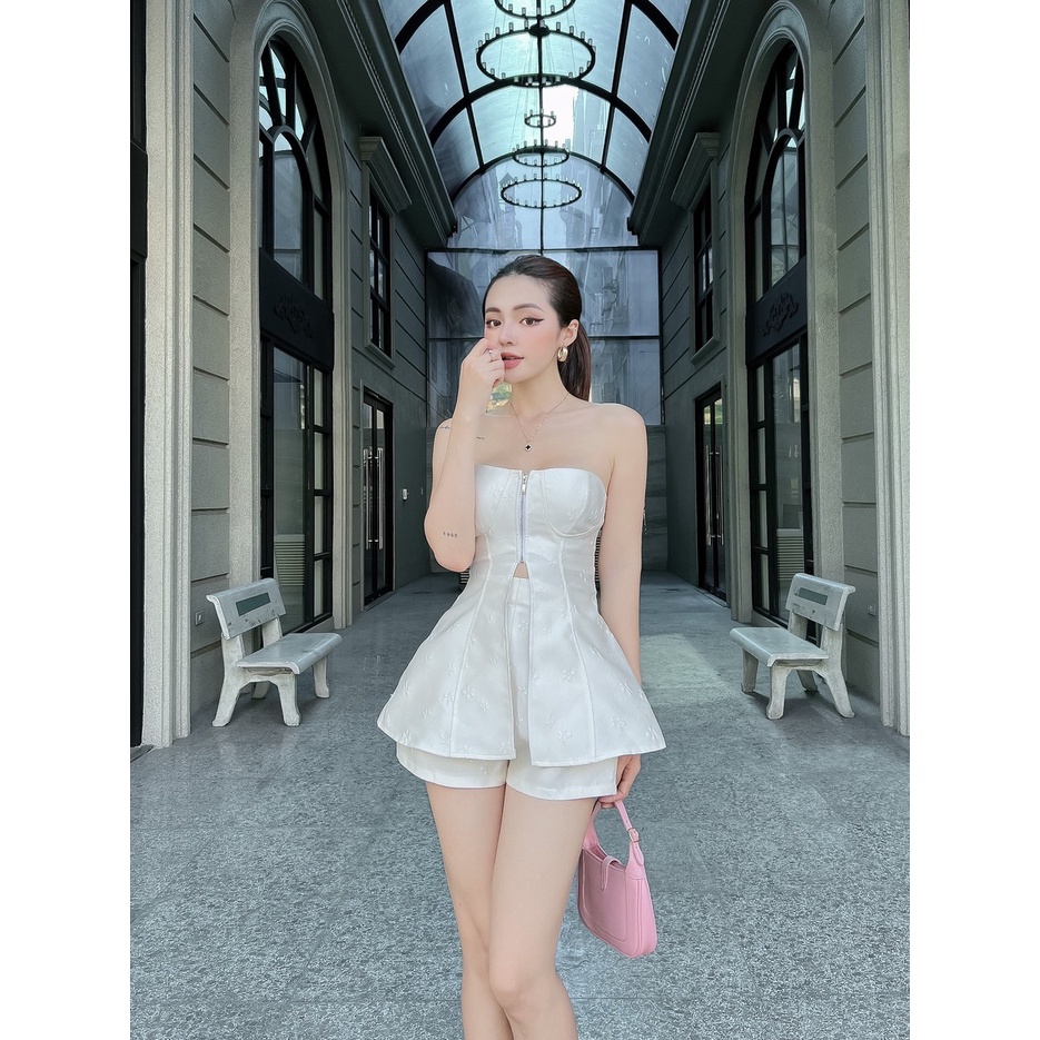 Set Áo Quây Cúp Ngực Xẻ Khóa Zip + Quần Short LSEOUL B1192 Vải Gấm Dập Hoa Nổi Sang Trọng Trẻ Trung Năng Động