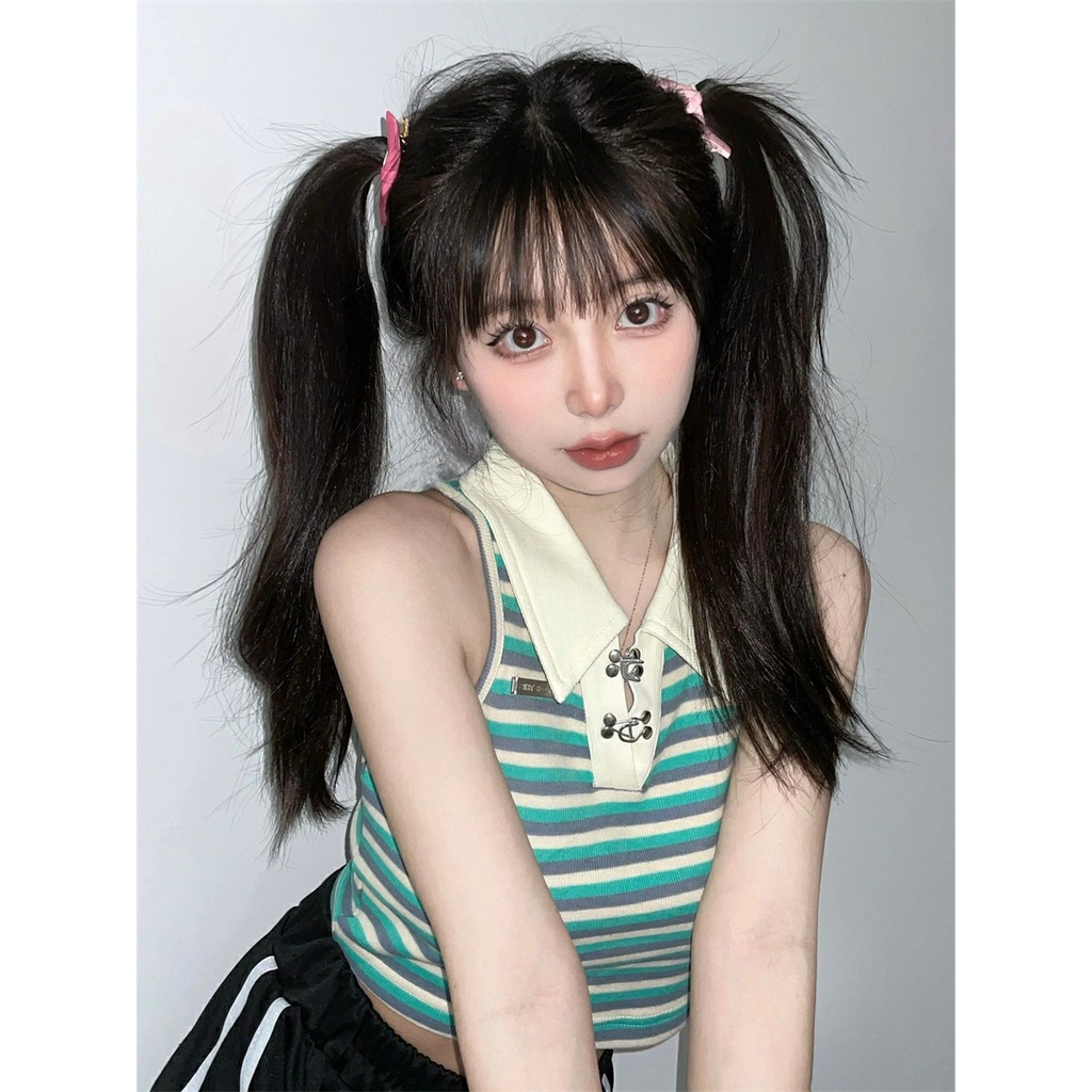 【ZHELIHANGFEI】Áo Sweater Sát Nách Cổ POLO Lưng Cao Kẻ Sọc Thiết Kế Quyến Rũ Cá Tính