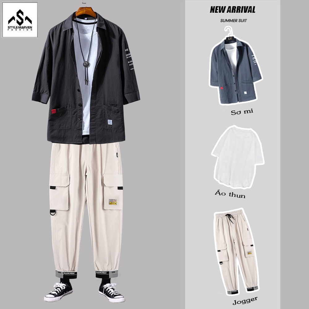 ✾♈۩Set Đồ Nam 3 Chi Tiết Áo Sơ Mi Tay Lỡ + Thun Quần Túi Hộp Stylemarven - 90000150C !