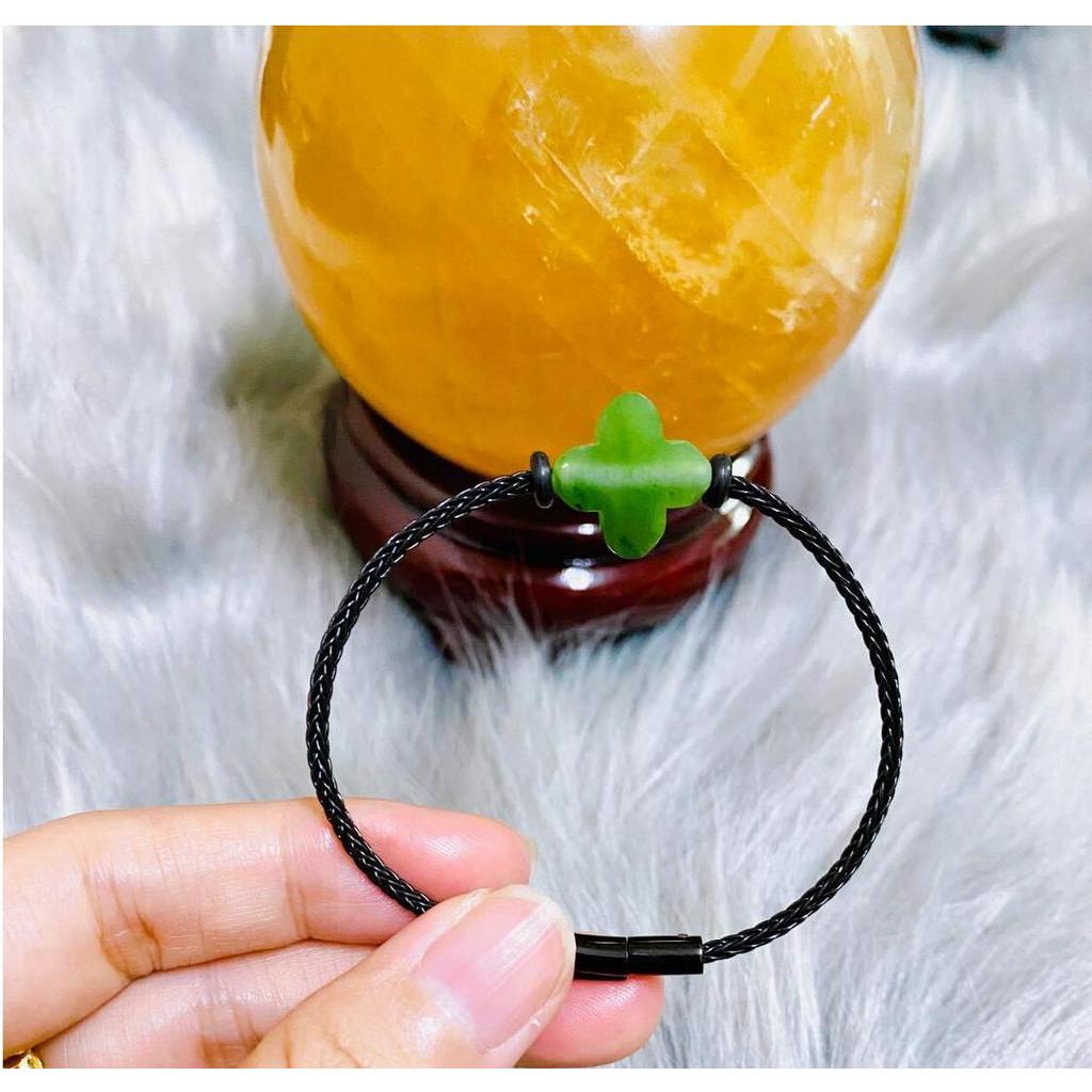 Cỏ 4 lá đá ngọc nephrit tự nhiên kèm dây lõi thép 2 mm HANMYNGHE