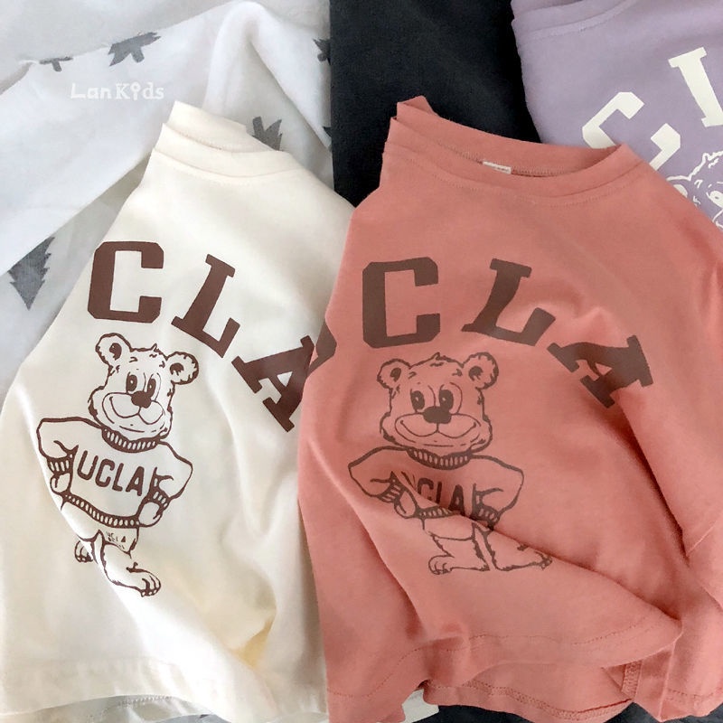 Áo Thun Tay Dài 100% Cotton In Họa Tiết Gấu Phong Cách Hàn Quốc Thời Trang Xuân Thu Mới Cho Bé Trai Và Gái