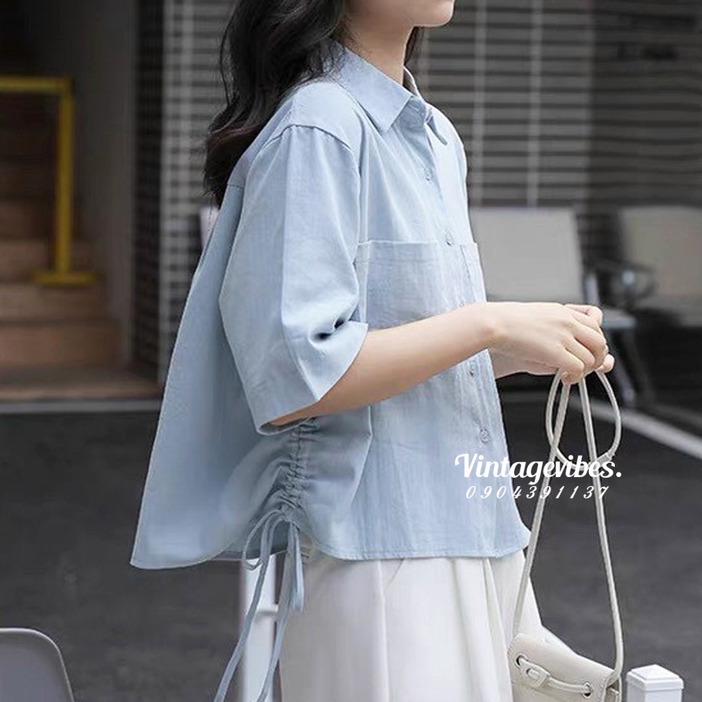 Áo sơ mi Hàn Quốc, Áo sơ mi cộc tay dáng lửng buộc sườn 2 màu pastel