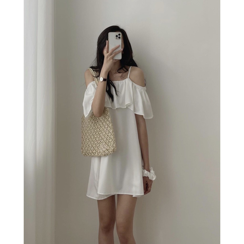 Váy 2 Dây Trễ Vai Rủ chất Đũi  Đầm babydoll bánh bèo form rộng màu ĐEN | TRẮNG | XANH Ulzzang