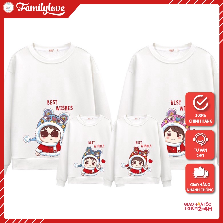 Áo Gia Đình Thu Đông FamilyLove - Đồ Gia Đình Mùa Đông Họa Tiết Chibi Family Đáng Yêu BEST WISHES Chất Cotton 100%