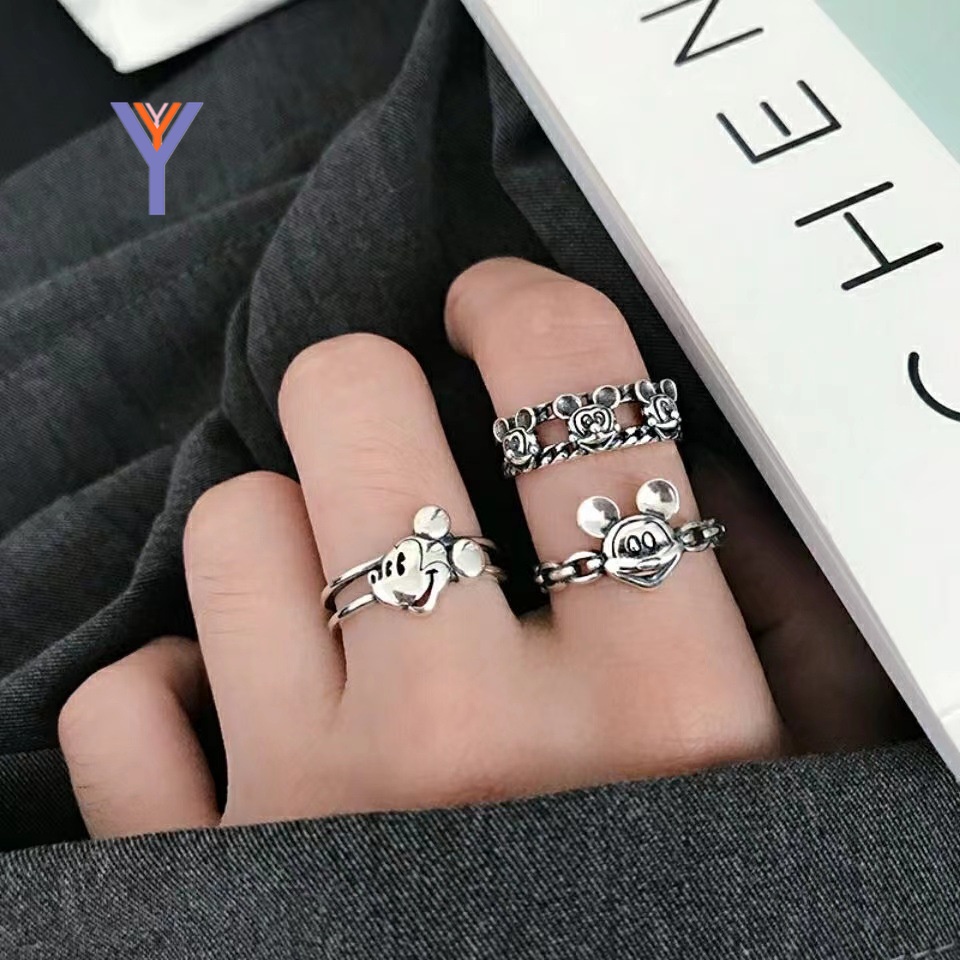 Nhẫn hợp kim hai lớp mặt hình chuột Mickey có thể điều chỉnh kích thước thời trang độc đáo