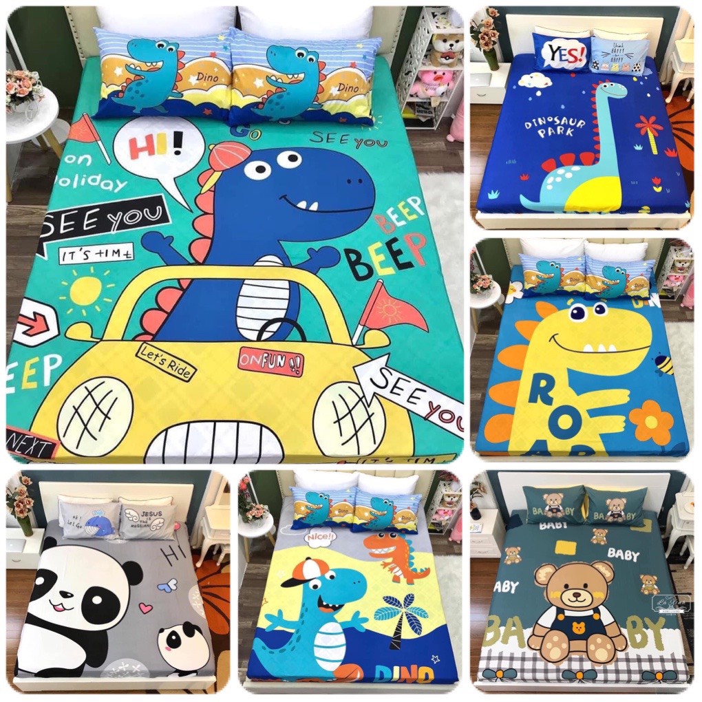 Bộ ga giường và vỏ gối Cotton 100% họa tiết Khủng Long và Gấu Emi Bedding ga gối Cotton Hàn Quốc đủ size drap nệm