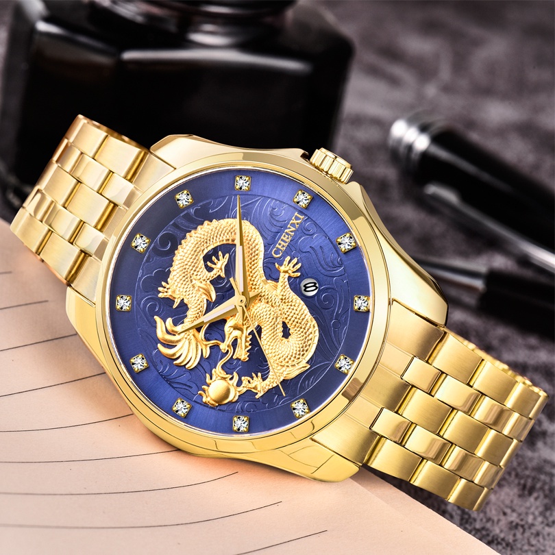 Đồng Hồ Quartz Chexi Dragon Dập Nổi Chất Liệu Thép Không Gỉ Mạ Vàng 8220