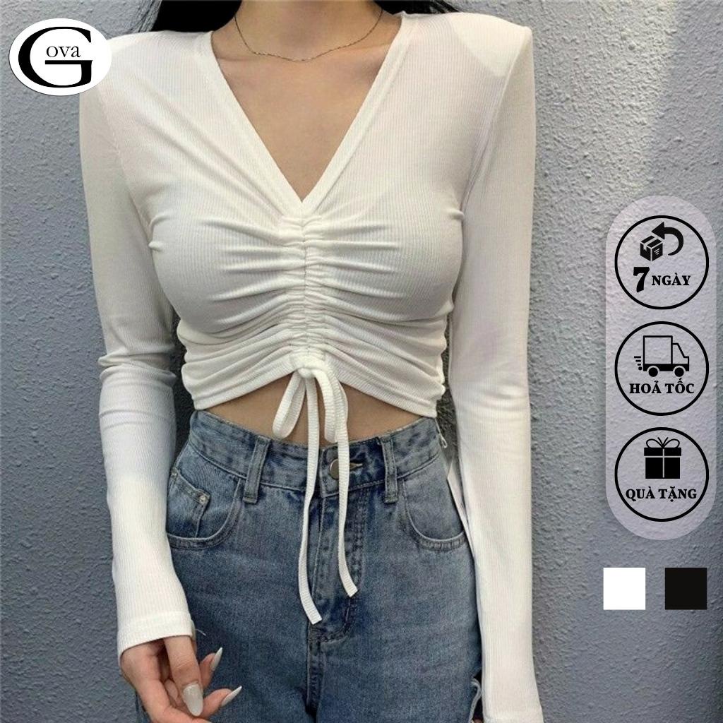 Áo Croptop cổ V nhún ngực rút dây Hot Trend Áo kiểu nữ ôm chất thun Cao Cấp gân mềm mát
