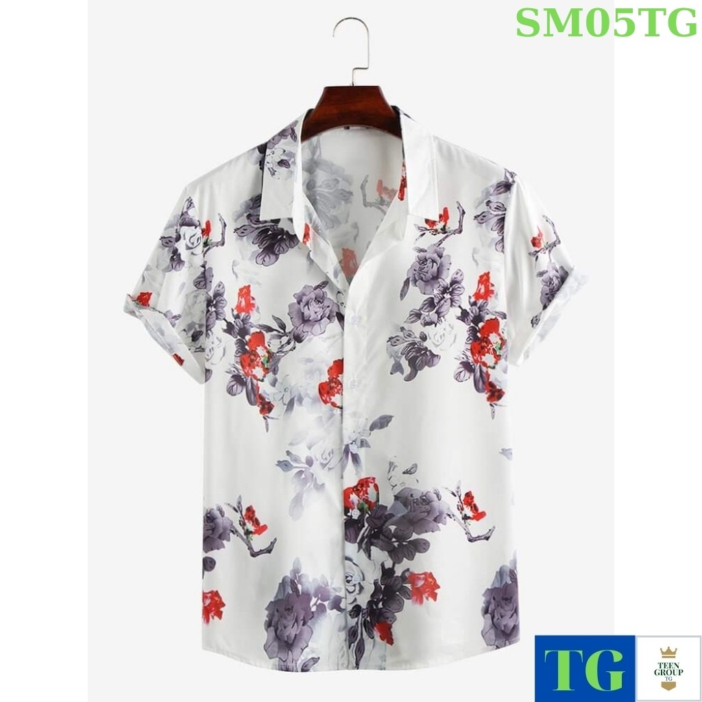 Áo Sơ Mi Nam TENJI STORE SM05TG Sơ Mi Nam Trắng Tay ngắn Wash Họa Tiết Hoa Hồng 2021 Mẫu Hot Trend (44-70kg)