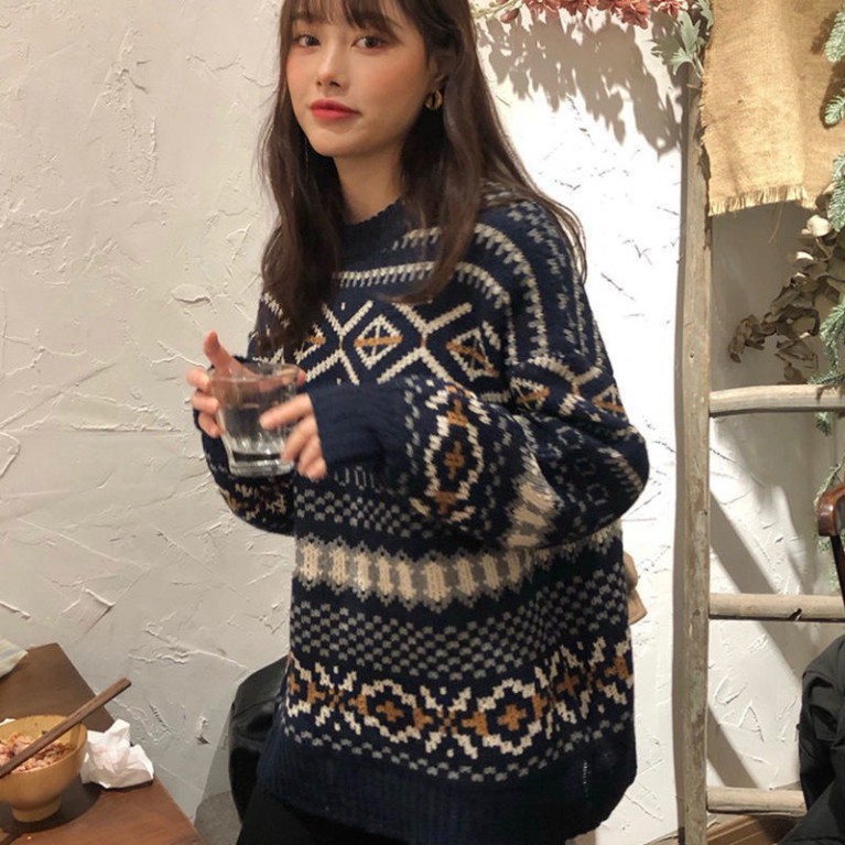 Áo len nữ form rộng dài tay dáng dài họa tiết kẻ caro to kiểu dáng ulzzang cổ tròn hàn quốc LADY QUẢNG CHÂU | BigBuy360 - bigbuy360.vn