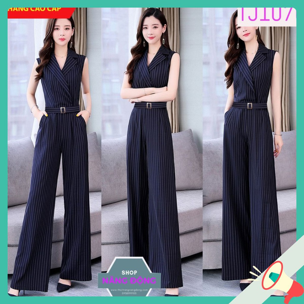 Jumpsuit 🎁FREESHIP🎁 Jum dài kẽ sọc cổ vest thắt lưng kèm belt như hình TJ1070