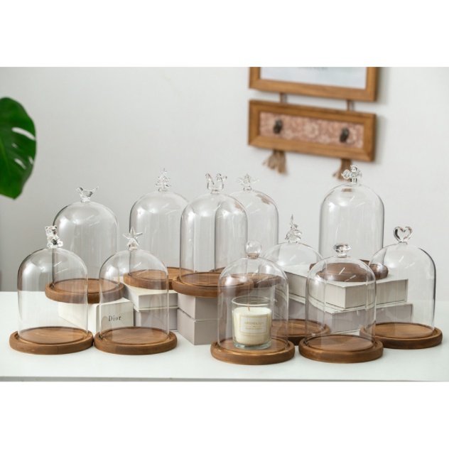 Chụp thủy tinh đế gỗ chống bụi, trang trí trái tim, chim, thỏ, noel - đậy nến thơm Candle Cup, BBW