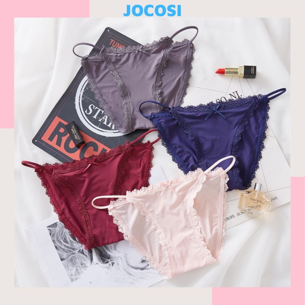 Quần lót nữ lụa băng 2 mảnh ren viền sexy, Quần chíp nữ thun lạnh đính nơ gợi cảm JOCOSI L829
