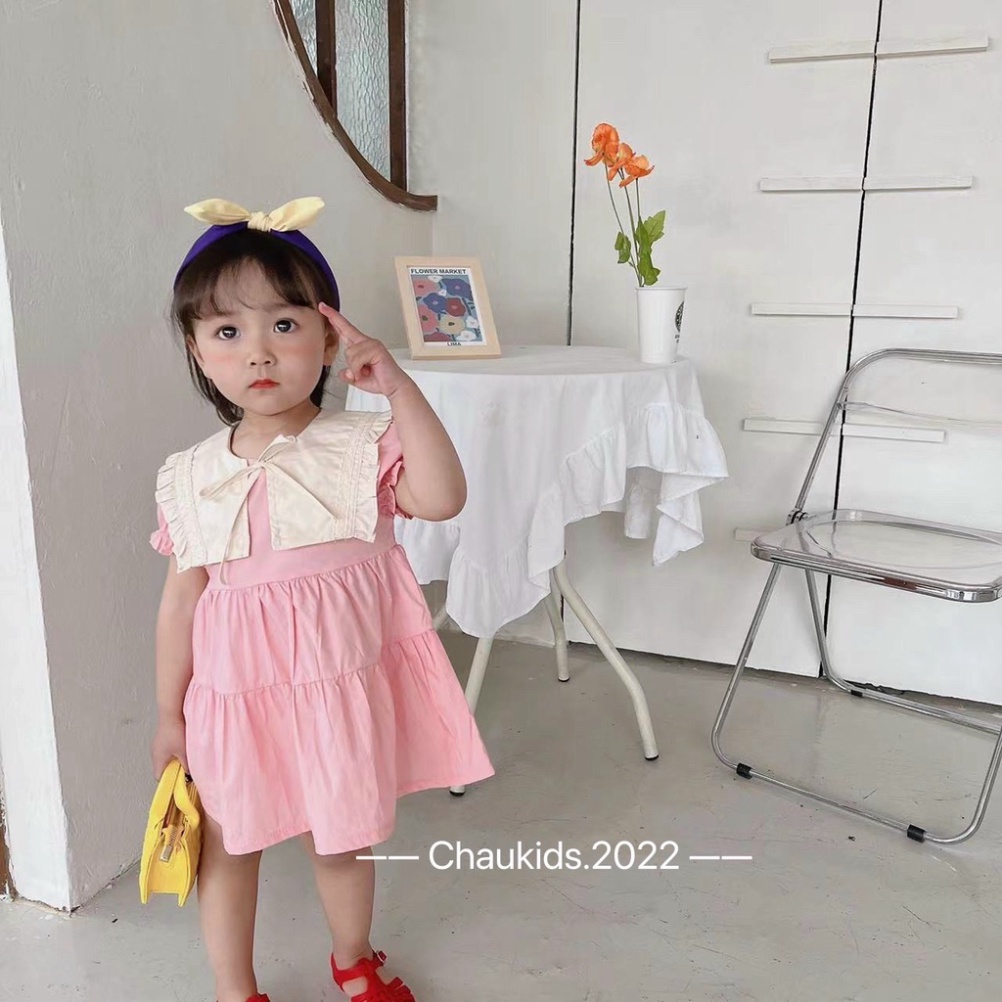 Váy xòe cổ bèo bé gái, váy babydoll 3 tầng cổ bèo trắng cột nơ cho bé gái