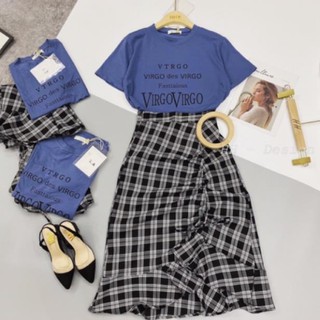 Đẹp Chất [ Hàng Chuẩn ] Chân Váy Kẻ Rút Mix Áo Phông Xanh Hót Hít (kèm ảnh thật)