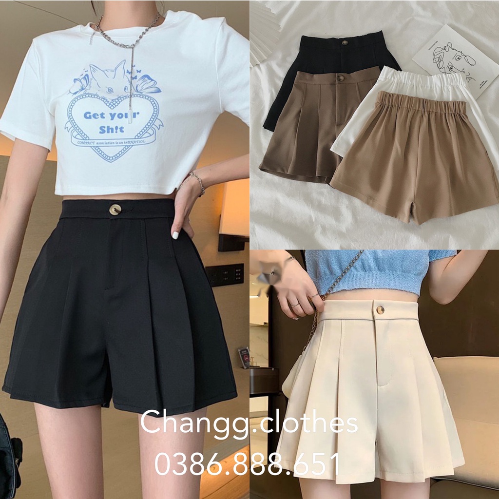 Quần Đùi Nữ Ống Rộng Xếp Ly Dáng Xòe Chun Lưng Chất Tuyết Mưa