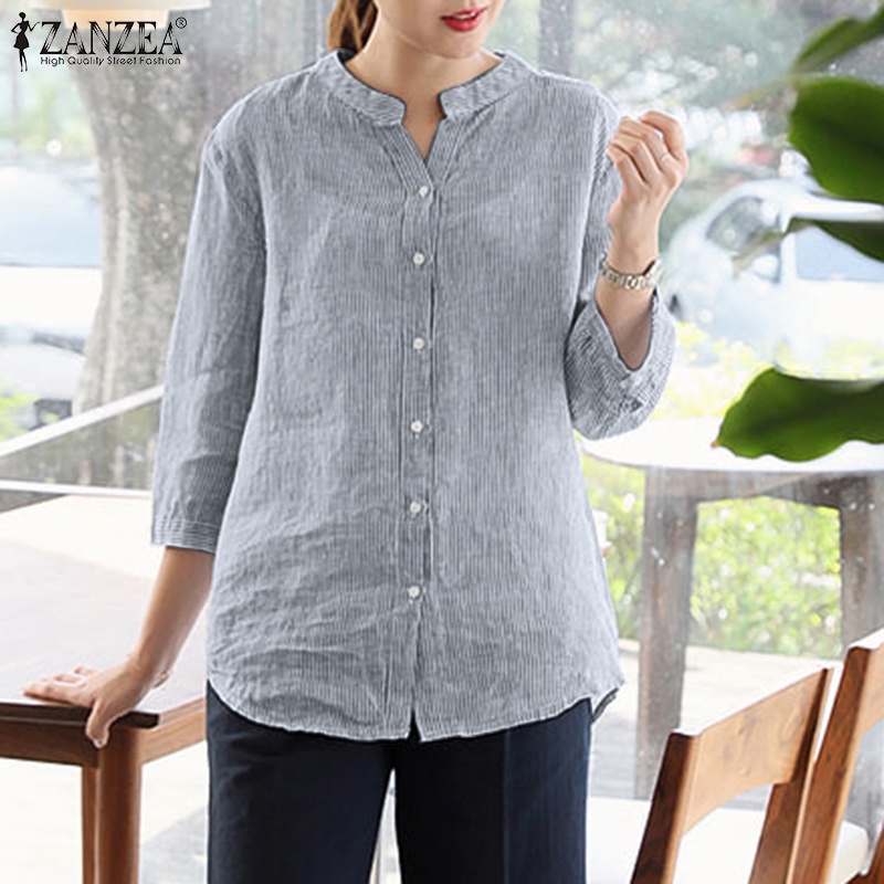 Áo sơ mi ZANZEA tay lửng cổ chữ V họa tiết sọc thời trang cho nữ