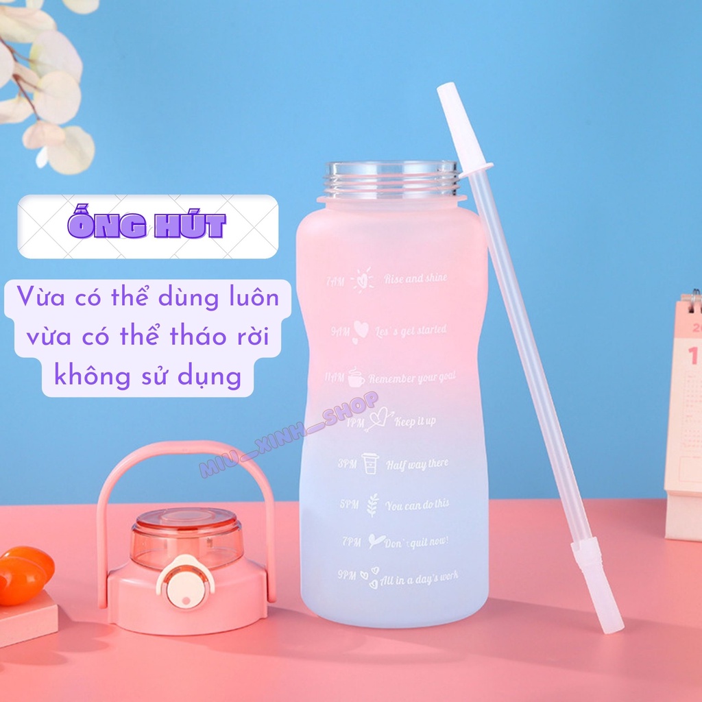 Dễ thương Bình nước 2 lít tặng Sticker dành cho người lười uống nước bình nước cute 2L có ống hút, vạch chia nhắc giờ