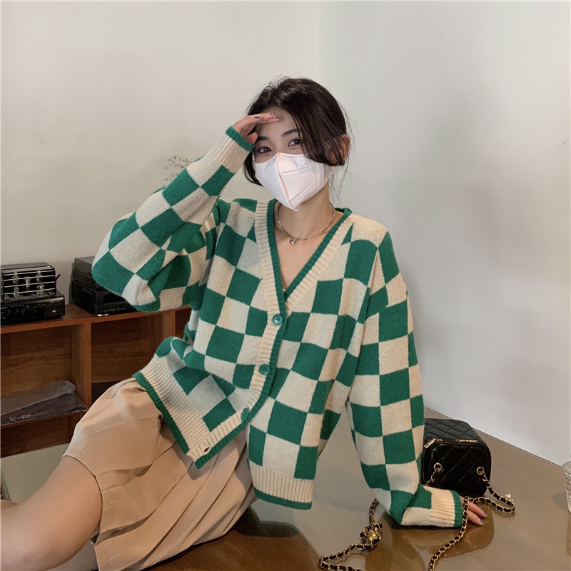 Áo khoác cardigan cổ chữ V dáng rộng thời trang Hàn Quốc
