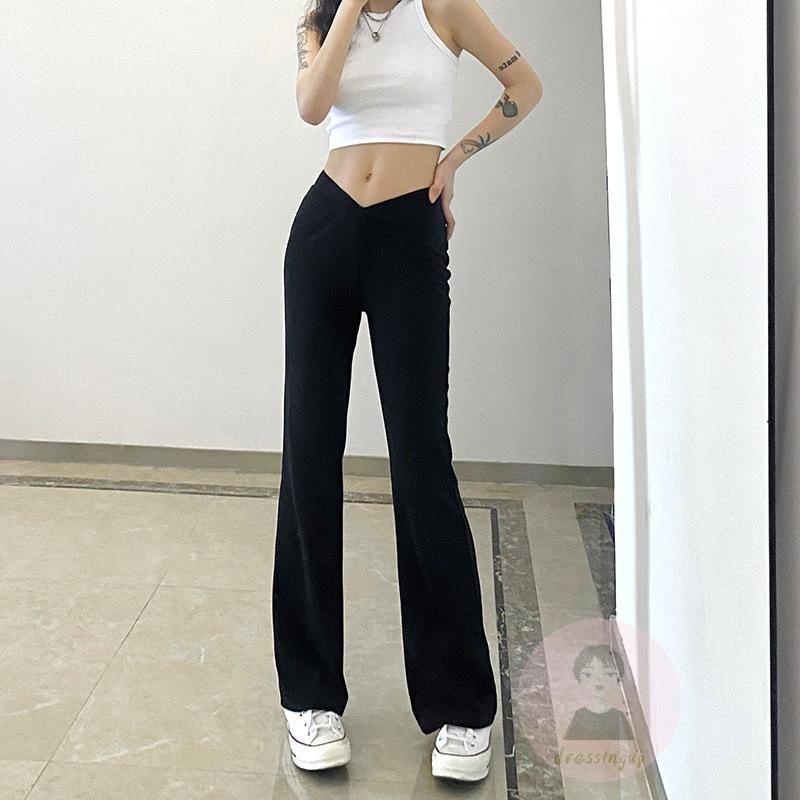 Quần Dài Ống Loe Lưng Thấp Màu Đen / Trơn Đơn Giản Size S / M / L