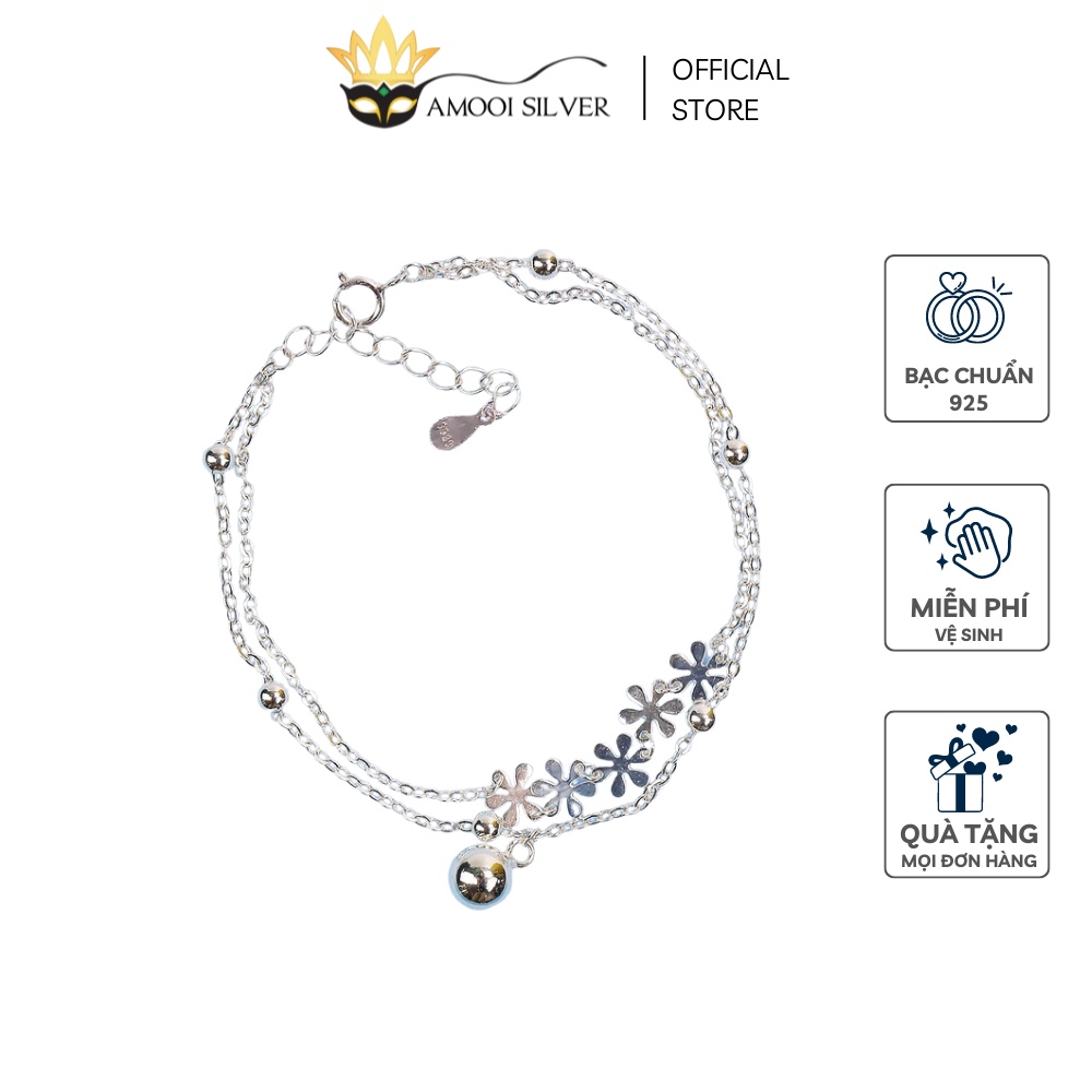 Lắc chân bạc S925 dây đôi 5 hoa chuông không kêu - Amooi Silver AC34